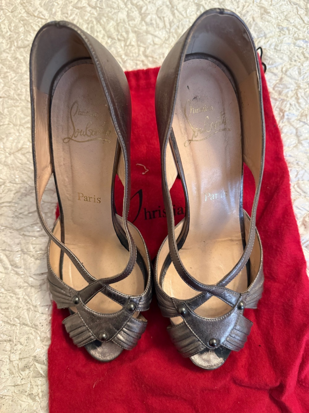 Christian Louboutin Metallic Pewter Peep-Toe Crisscross Heels